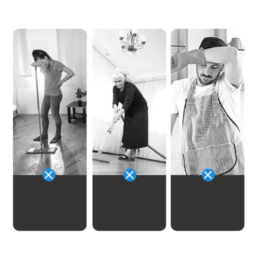 Tired people struggling with house cleaning using traditional tools in a home setting.
