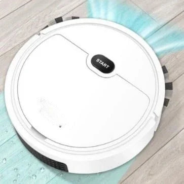 White robotic vacuum cleaner cleaning a light wood floor with water and light effects