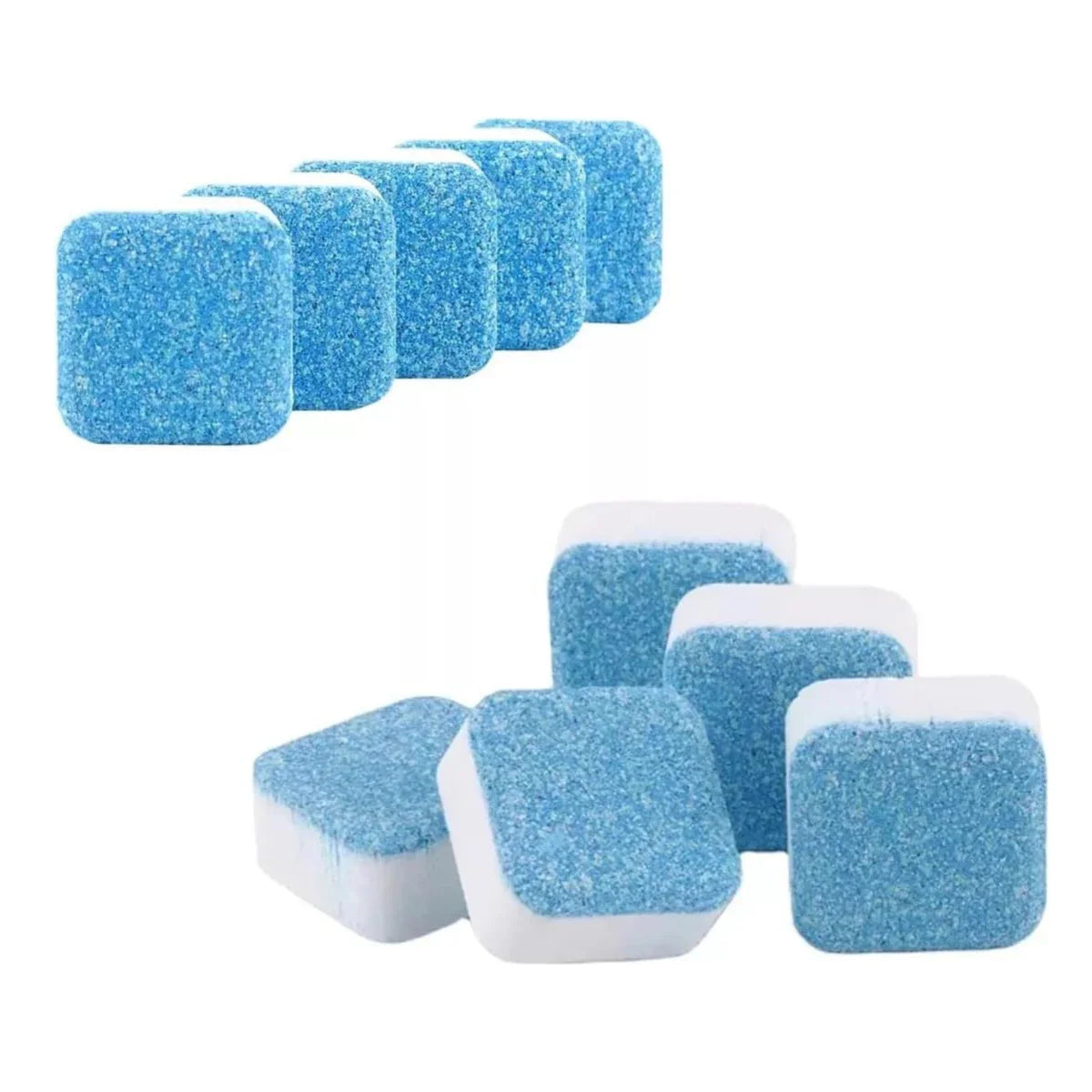 Blue and white square cleaning tablets for home use, arranged on a white background.