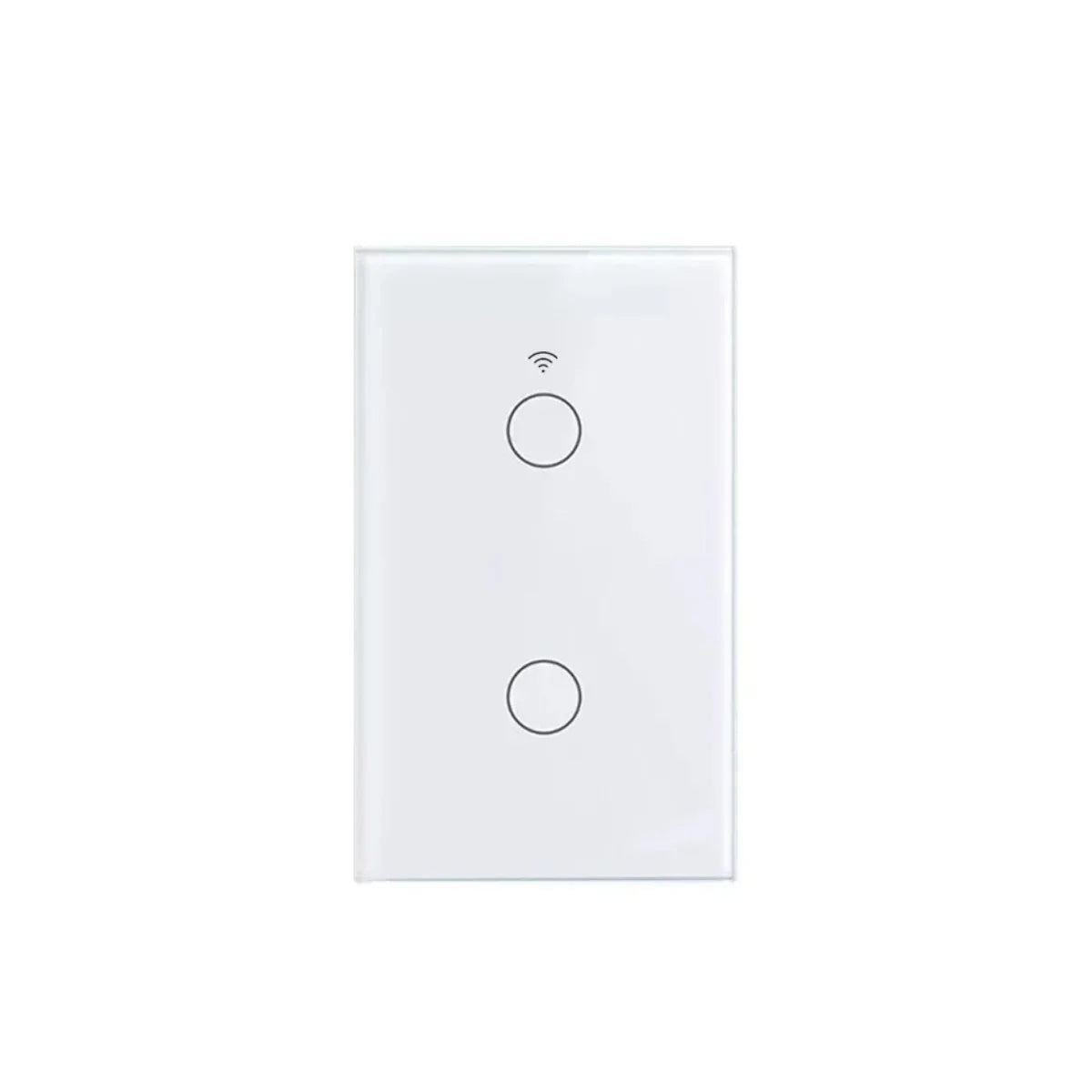 White smart light switch with two touch buttons and Wi-Fi symbol for home automation