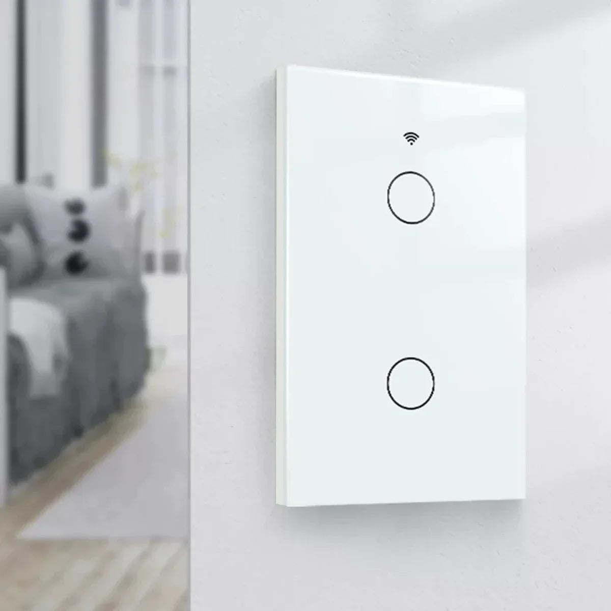 Modern smart light switch with two touch buttons and Wi-Fi symbol on wall indoors