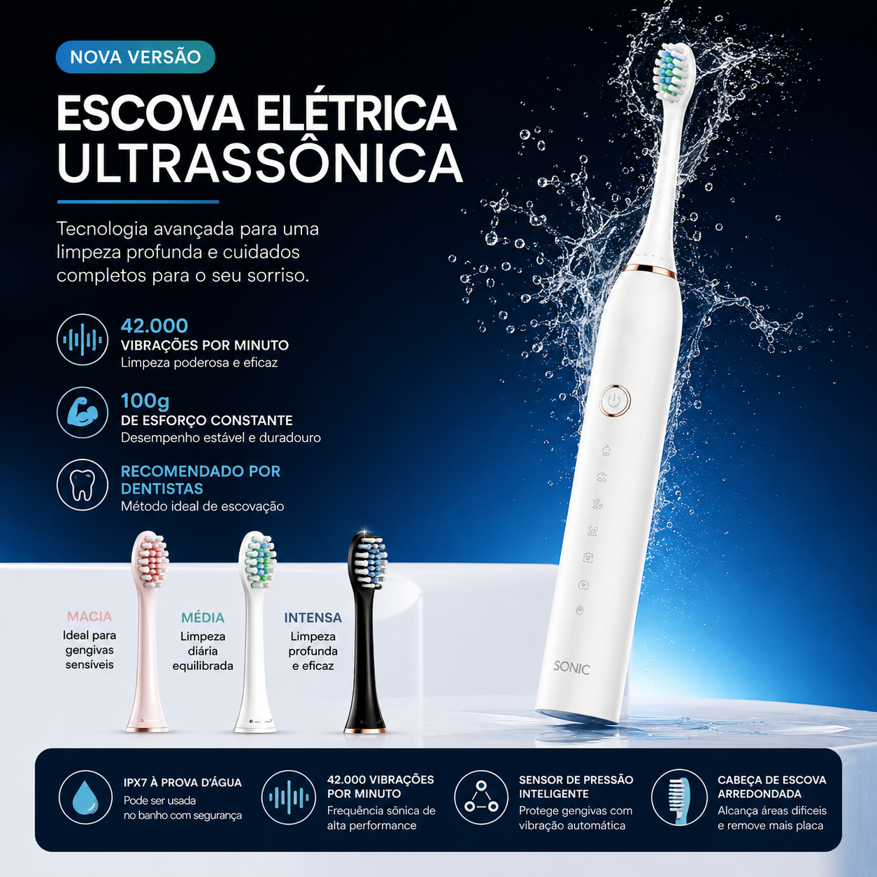 Escova Dental Elétrica Facil Lar Recarregável USB com 6 Modos 4 refil - envio de acordo com estoque.