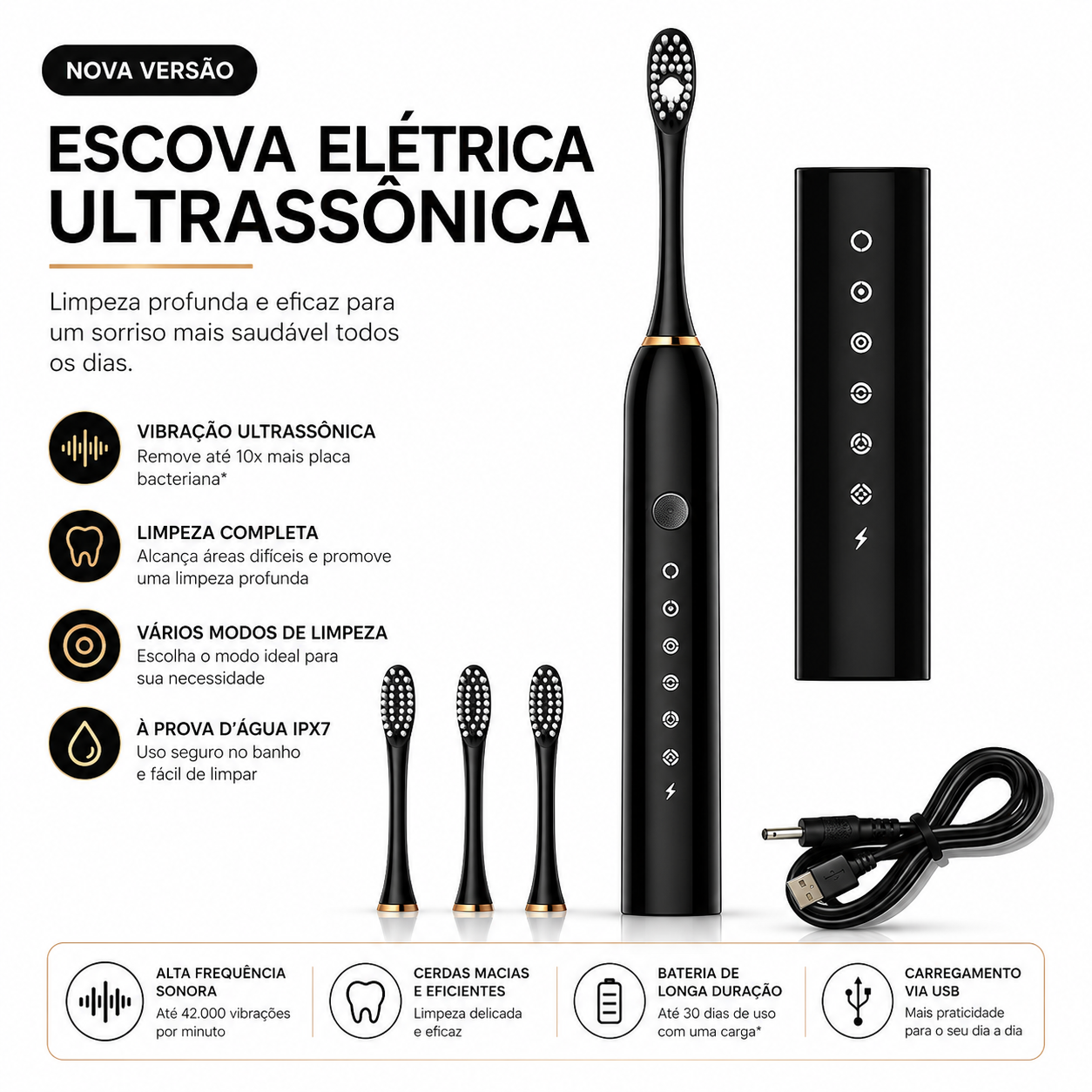 Escova Dental Elétrica Facil Lar Recarregável USB com 6 Modos 4 refil - envio de acordo com estoque.