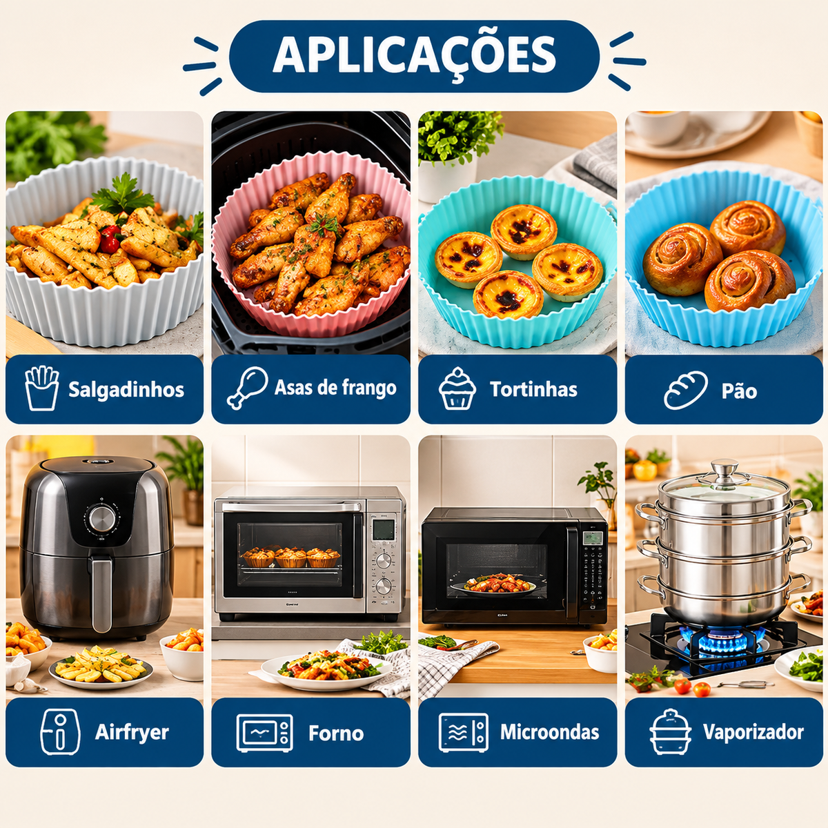 Kit 5 Formas de Silicone Reutilizáveis e Antiaderentes para Air Fryer, Micro-ondas e Forno