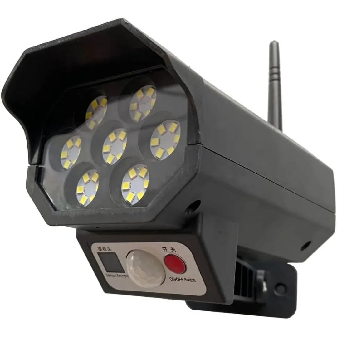 Outdoor security camera with LED lights, motion sensor, and antenna for home surveillance