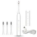 Electric toothbrush set with three brush heads, travel case, and USB charging cable