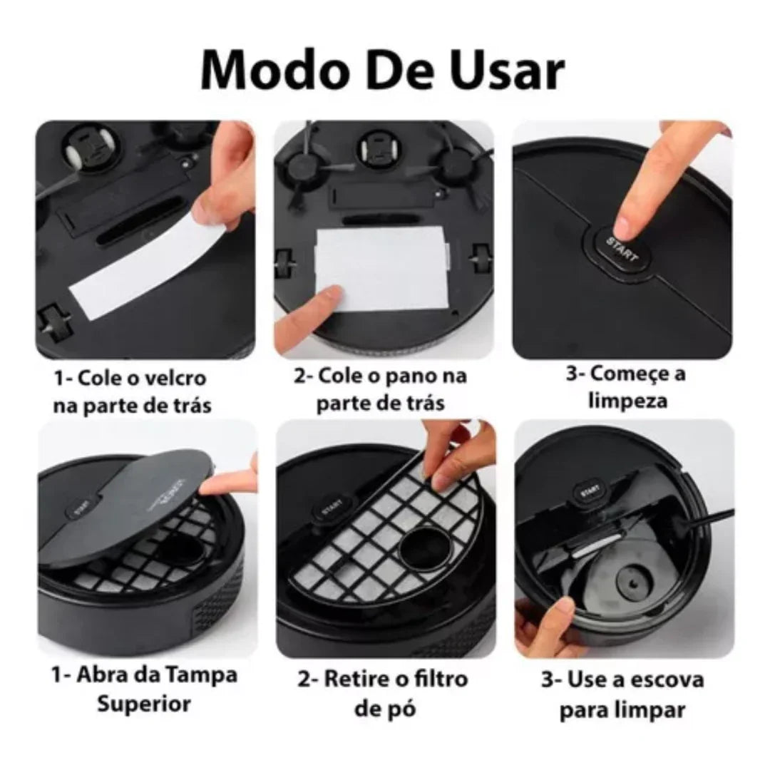 Instruction guide showing how to set up and clean a robot vacuum cleaner with velcro and cloth.