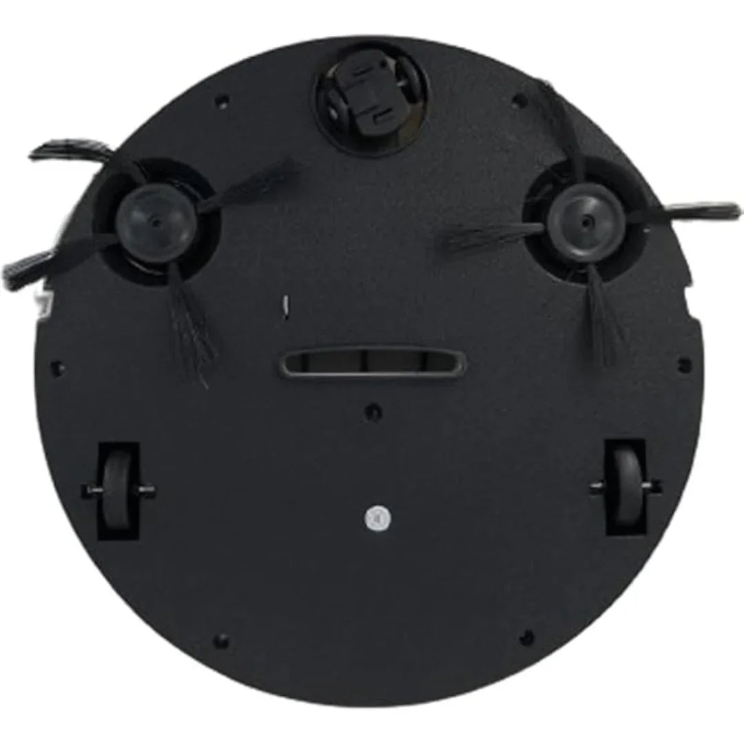 Bottom view of black robot vacuum cleaner with dual brush heads and wheels