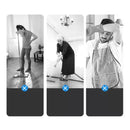 Tired people struggling with house cleaning using traditional tools in a home setting.