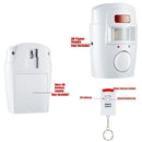 Wireless motion sensor alarm system with remote control, battery and power supply options.