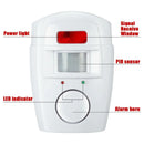 White motion sensor alarm with labeled power light, PIR sensor, alarm horn, and LED indicators.