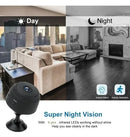 Mini security camera with infrared LEDs for day and night home monitoring in living room