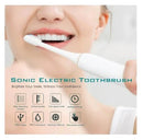Woman using white sonic electric toothbrush, dental care product features displayed.