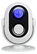 White smart home security camera with blue LED sensor on a stand