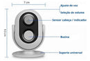 Smart home device with voice control, volume selector, sensor indicator, horn, and universal stand, measuring 9.5x7 cm.