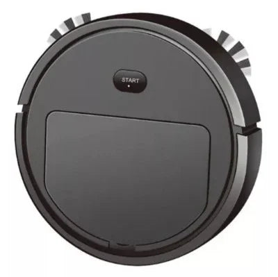 Black robotic vacuum cleaner with start button and side brushes on white background
