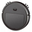 Black robotic vacuum cleaner with start button and side brushes on white background