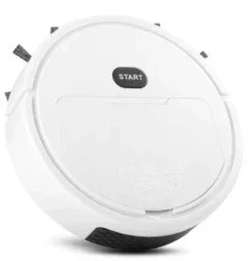 Smart white robot vacuum cleaner with start button, home cleaning technology