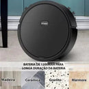 Black robotic vacuum cleaner for multiple floor types, including wood, ceramic, granite, marble.