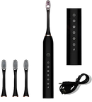 Black electric toothbrush with replacement brush heads, travel case, and charging cable