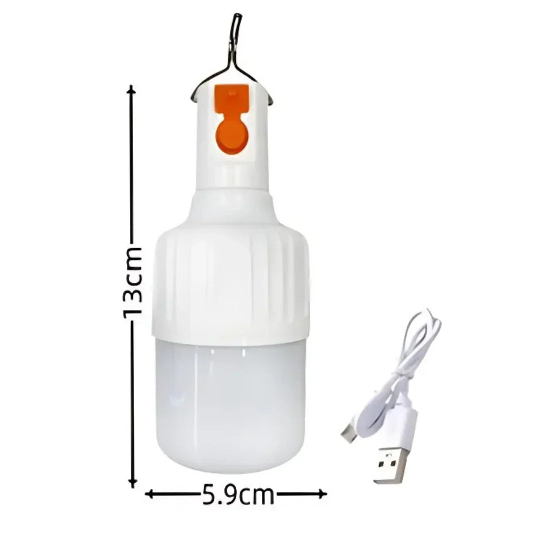 Rechargeable LED bulb with USB charging cable, 13cm height, 5.9cm diameter, portable light