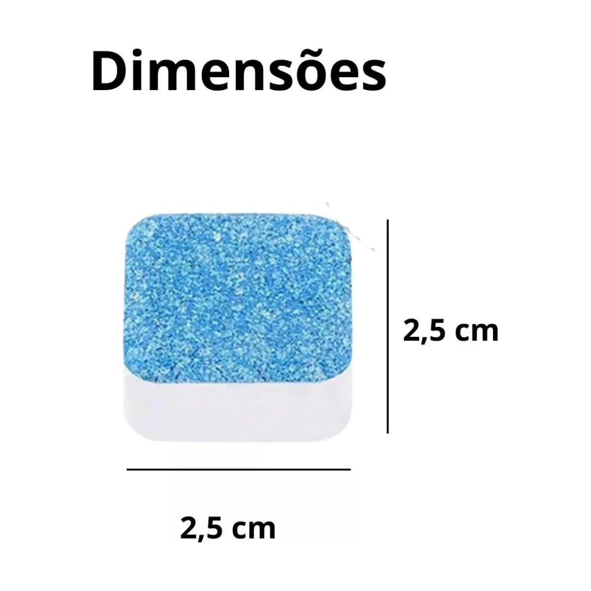 Square blue and white cleaning tablet with dimensions 2.5 cm by 2.5 cm shown on white background.
