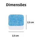 Square blue and white cleaning tablet with dimensions 2.5 cm by 2.5 cm shown on white background.