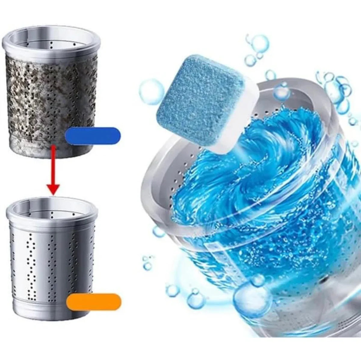 Washing machine cleaner tablet dissolving and removing dirt from washing machine drum