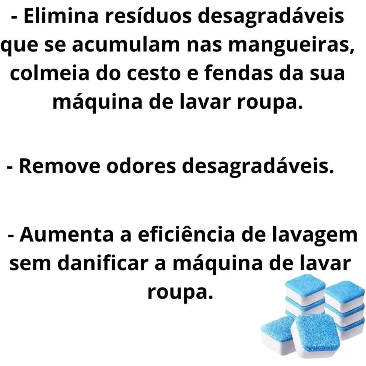 Washing machine cleaning tablets with text highlighting benefits like removing odors and boosting washing efficiency.