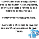 Washing machine cleaning tablets with text highlighting benefits like removing odors and boosting washing efficiency.