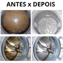 Before and after of washing machine drum cleaning, showing dirty and clean interiors.