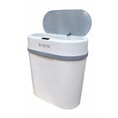 White plastic automatic trash can with motion sensor and open gray lid for home organization