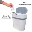 Automatic sensor trash can with hand throwing paper, open lid, proximity sensor highlighted