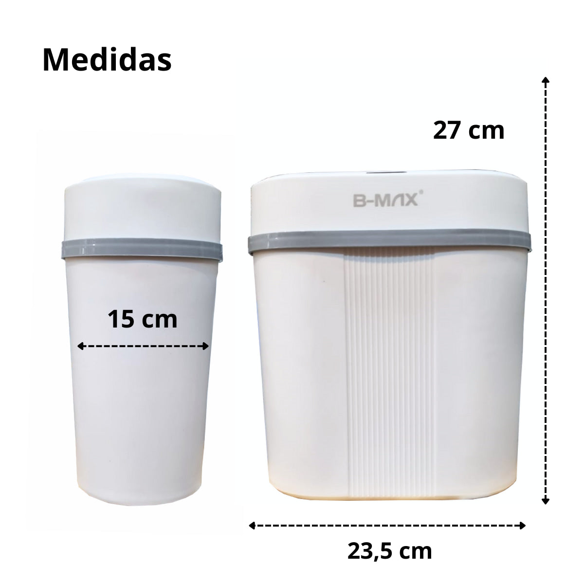 Two white plastic storage containers with gray lids, labeled measurements 15 cm, 23.5 cm, and 27 cm.