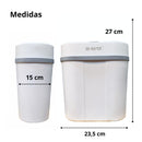 Two white plastic storage containers with gray lids, labeled measurements 15 cm, 23.5 cm, and 27 cm.