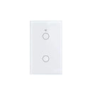 White smart light switch with two touch buttons and Wi-Fi symbol for home automation