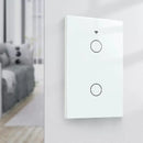 Modern smart light switch with two touch buttons and Wi-Fi symbol on wall indoors