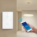 Smart light switch controlled by smartphone app to turn on modern ceiling lamp.