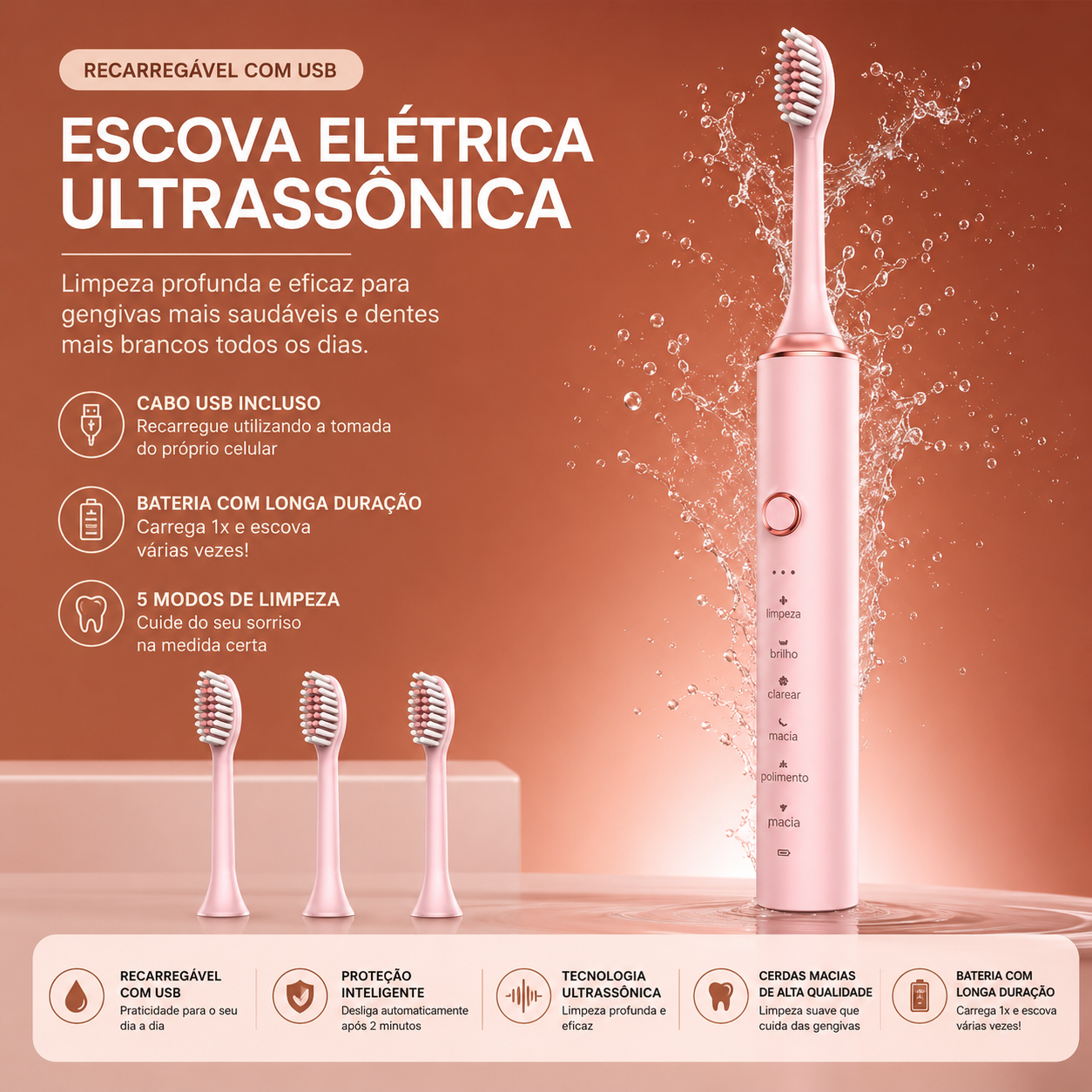 Escova Dental Elétrica Facil Lar Recarregável USB com 6 Modos 4 refil - envio de acordo com estoque.