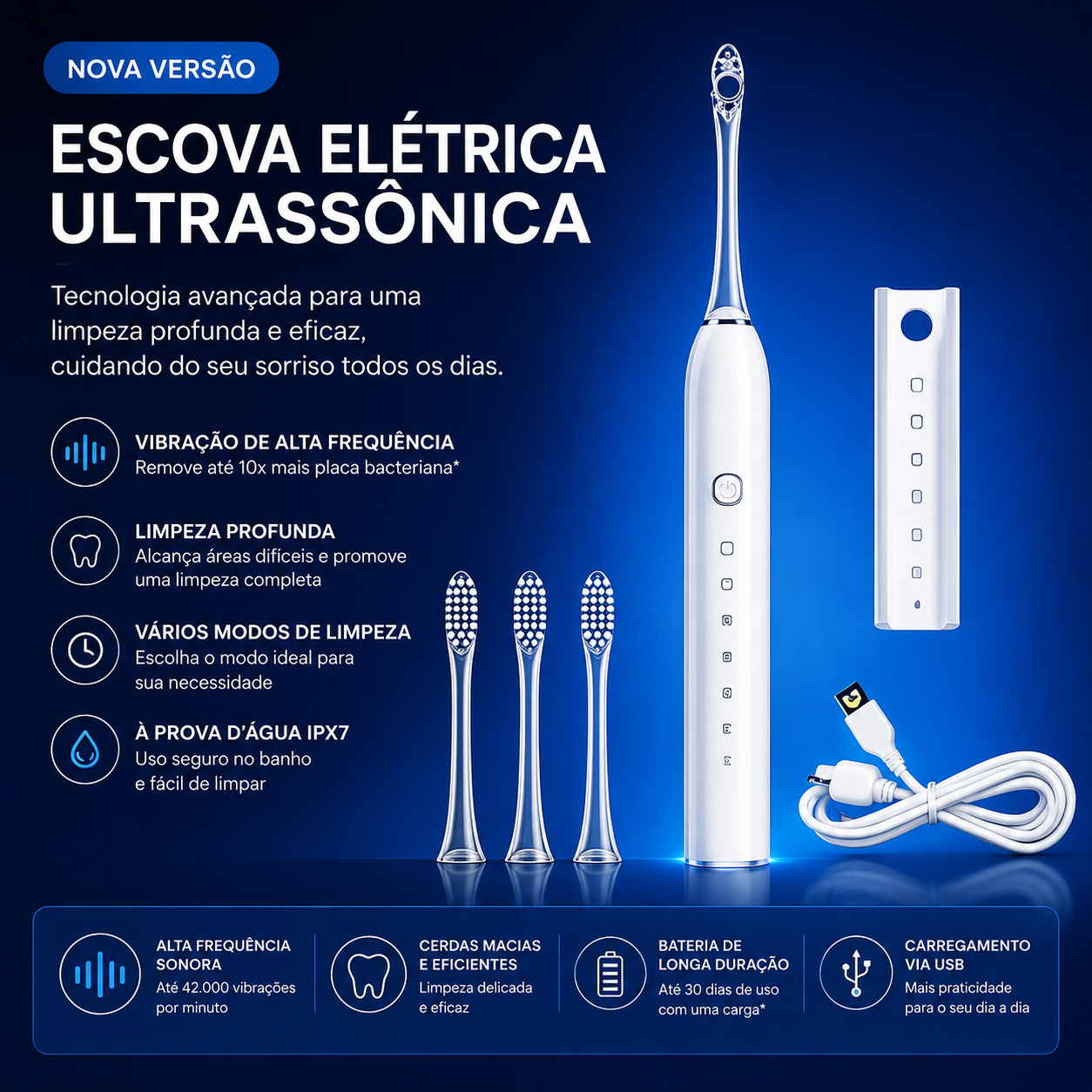 Escova Dental Elétrica Facil Lar Recarregável USB com 6 Modos 4 refil - envio de acordo com estoque.