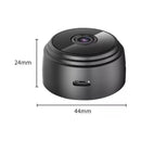 Compact black indoor mini security camera with USB port, measuring 24mm by 44mm