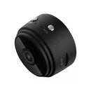 Compact black wireless security camera with on/off and mode buttons, microSD slot visible