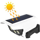 Solar powered outdoor security light with LED lamps and sun illustration