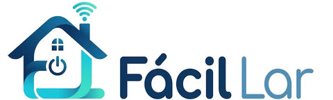 Smart home logo with house icon, power button, and wireless signal, Fácil Lar text
